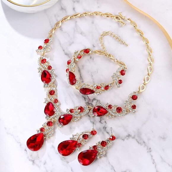 Wedding Jewelry Set Crystal Teardrop Necklace Earrings Bracelet Women - Picture 5 of 7